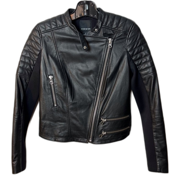 Trouvé Black Real Leather Moto Jacket Quilted Biker Asym. Zip XS Nordstrom - Picture 2 of 8